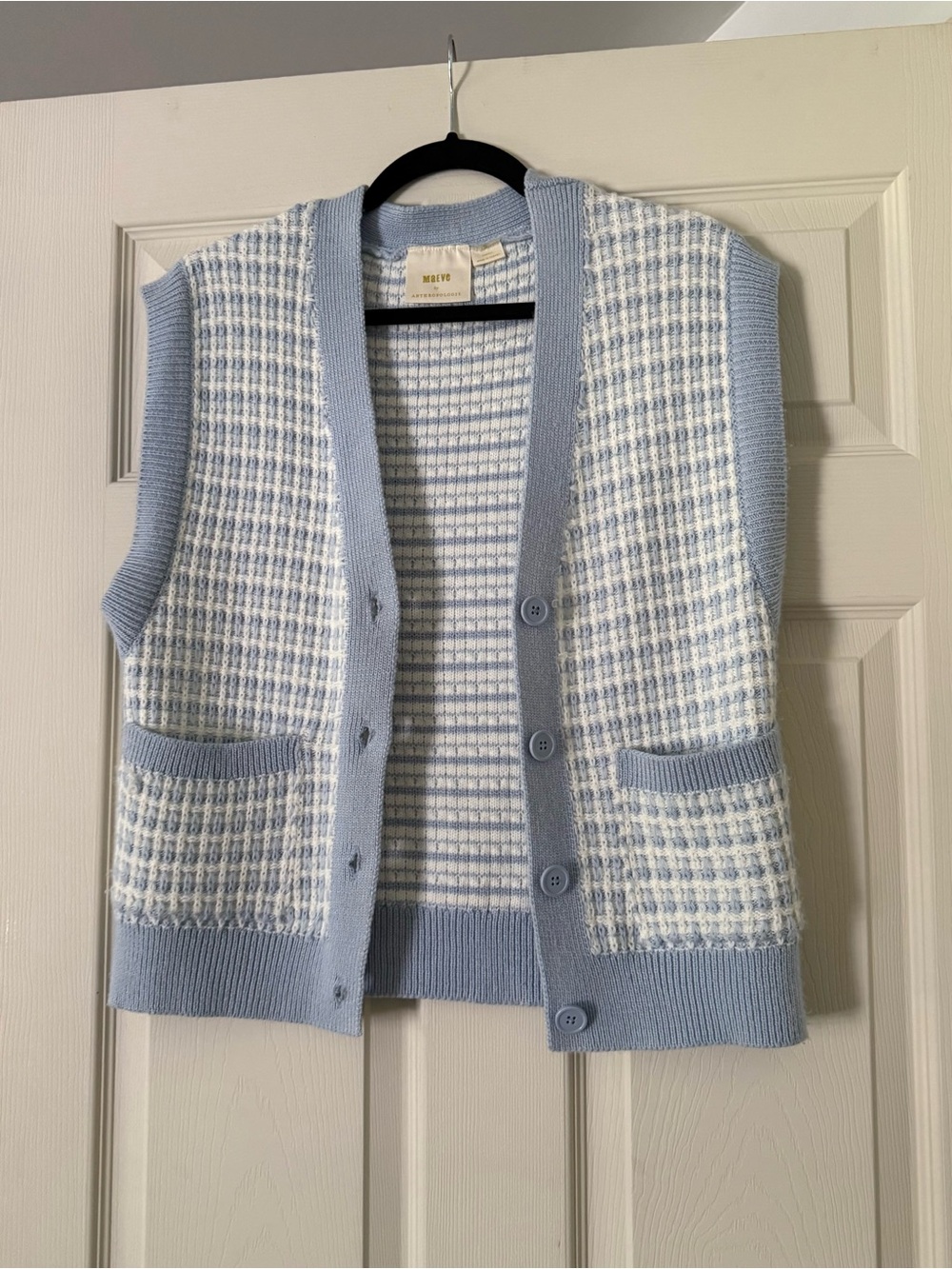 Anthropologie Maeve Geometric Sweater Vest in Checkered Blue and White